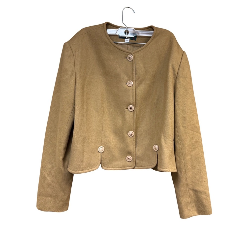 Orvis Women100% Wool Camel Tan Collarless Cropped Blazer Jacket Size 14 USA Made